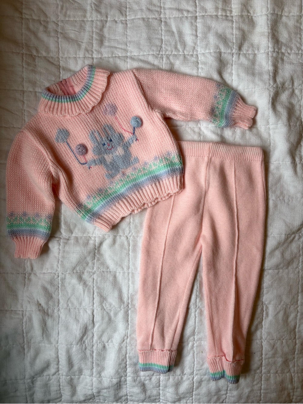 Vintage Baby Girl Pink Knit Baby Sweater Pants Set w Pastel Accents 18 Months